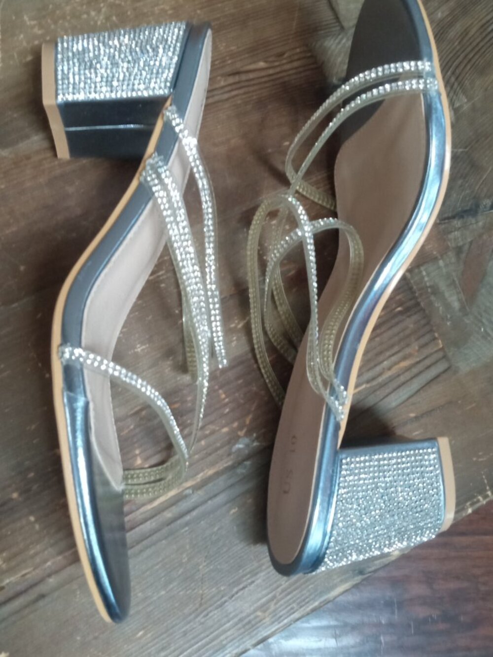 Allegra K Women's 10 Rhinestone Instep Strap Block Heel Slide Sandals Silver